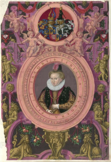 Members of the famous Augsburg Fugger family, Sibylla Fugger (1572 to 1616), also known as Sybilla Countess Fugger von Nordendorf, authentic reproduction from Fuggerorum et Fuggerarum imagines, a collection of coloured engravings made in the late 16th and early 17th century by Dominicus Custos, historical