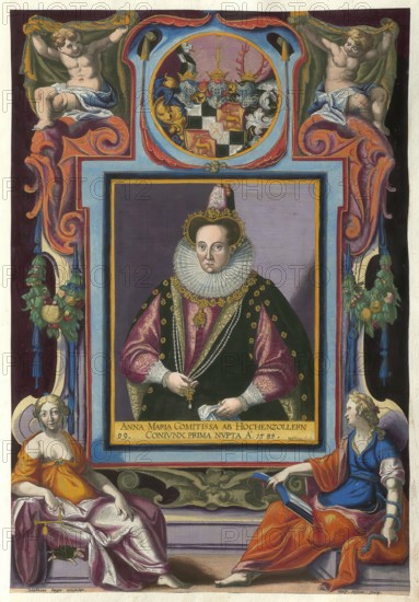 Members of the famous Augsburg Fugger family, Anna Maria Comitissa ab Hochenzollern, Anna Maria Fugger v. Hohenzollern-Sigmaringen (1573 - 15989, authentic reproduction from Fuggerorum et Fuggerarum imagines, a collection of coloured engravings created in the late 16th and early 17th century and made by Dominicus Custos, historically