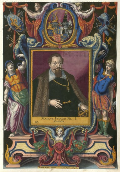 Members of the famous Augsburg Fugger family, Markus, Marx, Fugger (1564 - 1614), son of Johann Fugger (1531 - 1598), also known as Hans Fugger, Baron of Kirchberg and Weissenhorn, authentic reproduction from Fuggerorum et Fuggerarum imagines, a collection of coloured engravings created in the late 16th and early 17th century and made by Dominicus Custos, historical
