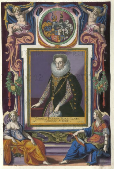 Members of the famous Fugger family in Augsburg, Veronika Fugger, daughter of Anton Fugger, born 1545, died 1590, authentic reproduction from Fuggerorum et Fuggerarum imagines, a collection of colored copper engravings created in the late 16th and early 17th century and made by Dominicus Custos, historical