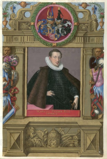 Markus Fugger (1564 - 1614), son of Johann Fugger (1531 - 1598), was a member of the famous Augsburg Fugger family. In 1584 he entered the court service of Archduke Ernst of Austria and became chamberlain. In 1588 he moved to the Imperial Chamber Court, of which he was president from 1589 to 1594. He was also an imperial and ducal Bavarian councillor and curator of Landsberg, authentic reproduction from Fuggerorum et Fuggerarum imagines, a collection of coloured engravings produced in the late 16th and early 17th centuries by Dominicus Custos, historical