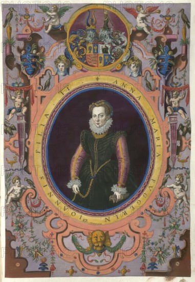 Members of the famous Augsburg-based Fugger family, Fugger, Anna Maria Fugger, born 1563, died 1592, authentic reproduction from Fuggerorum et Fuggerarum imagines, a collection of colored copper engravings created in the late 16th and early 17th century and made by Dominicus Custos