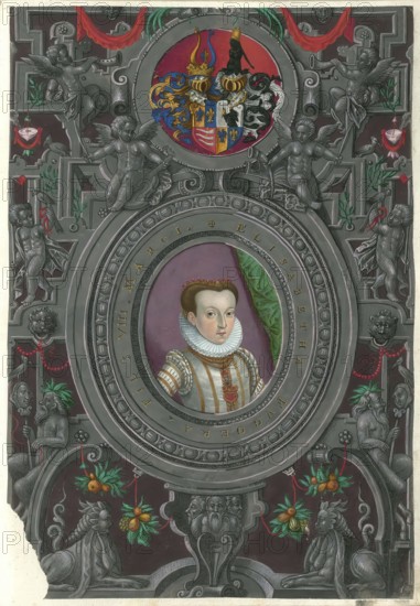 Elisabeth Fugger (1570 - 1596), a member of the famous Augsburg Fugger family, is listed in genealogical sources as the daughter of Markus Fugger (1529 - 1597), authentic reproduction from Fuggerorum et Fuggerarum imagines, a collection of coloured engravings produced in the late 16th and early 17th century by Dominicus Custos, historical