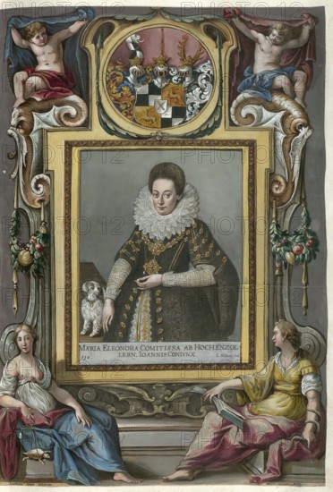 Members of the famous Augsburg Fugger family, Maria Eleonora Countess of Hohenzollern (1586 - 1668), married to Johann the Elder, Fugger, Count of Kirchberg and Weissenhorn, authentic reproduction from Fuggerorum et Fuggerarum imagines, a collection of coloured engravings created in the late 16th and early 17th century and made by Dominicus Custos, historical