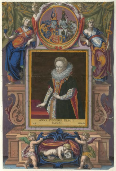 Members of the famous Augsburg Fugger family, Anna Countess Fugger (1582 - 1633), daughter of Jakob III Fugger, authentic reproduction from Fuggerorum et Fuggerarum imagines, a collection of coloured engravings created in the late 16th and early 17th century and produced by Dominicus Custos, historical