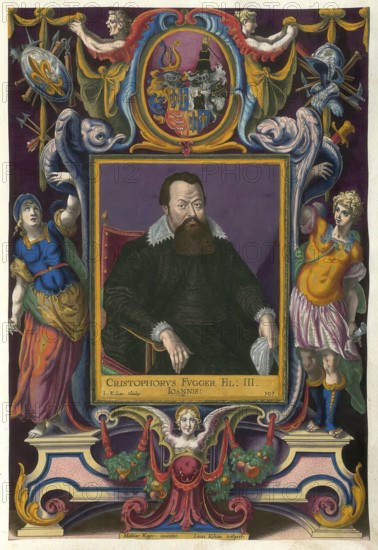 Members of the famous Augsburg-based Fugger family, Fugger, Christoph, born November 11, 1566, died December 29, 1615 Augsburg, son of Johann Fugger, authentic reproduction from Fuggerorum et Fuggerarum imagines, a collection of colored copper engravings created in the late 16th and early 17th century and made by Dominicus Custos, historical
