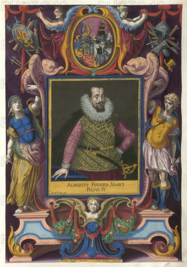 Members of the famous Augsburg Fugger family, Albertus, Albrecht, Fugger (1574 - 1614, partly also called 1565 - 1624), Lord of Welden, authentic reproduction from Fuggerorum et Fuggerarum imagines, a collection of coloured engravings created in the late 16th and early 17th century and made by Dominicus Custos, historical