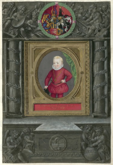 Members of the famous Augsburg Fugger family, Hieronymus Fugger was a merchant and lord of Wellenburg and Rettenbach. He was a son of Jakob III Fugger (1542 - 1598) and his wife Anna Ilsung von Tratzberg, authentic reproduction from Fuggerorum et Fuggerarum imagines, a collection of coloured engravings made in the late 16th and early 17th century by Dominicus Custos, historical