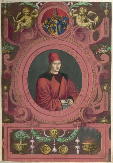 Members of the famous Augsburg Fugger family, Georg Fugger von der Lilie (born 1453 in Augsburg, died 1506 in Augsburg) was a German merchant of the Fugger family, authentic reproduction from Fuggerorum et Fuggerarum imagines, a collection of coloured engravings made in the late 16th and early 17th century by Dominicus Custos, historical