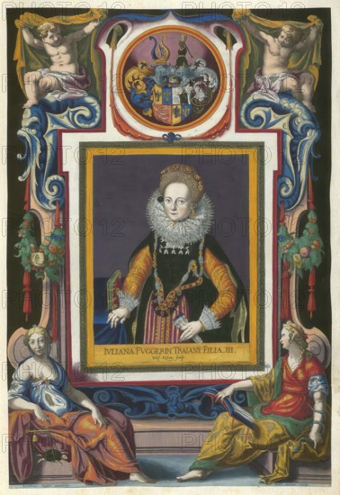 Members of the famous Fugger family in Augsburg, Juliana Fugger, born 1604, daughter of Traian Fugger, authentic reproduction from Fuggerorum et Fuggerarum imagines, a collection of colored copper engravings created in the late 16th and early 17th century and made by Dominicus Custos, historical