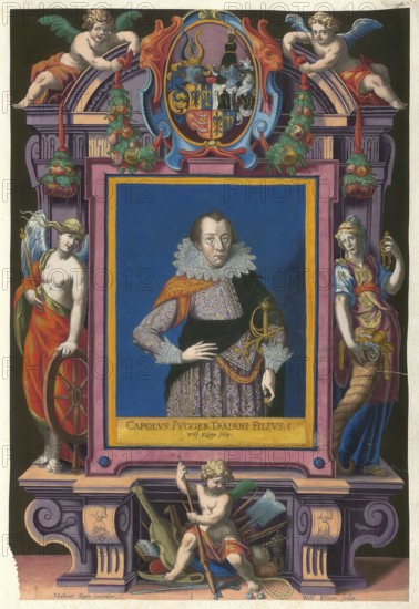 Members of the famous Augsburg Fugger family, Carolus Fugger, Karl Graf Fugger, (born 1597, died 1662), son of Severin Fugger (1551 - 1601), Lord of Schwabmünchen, authentic reproduction from Fuggerorum et Fuggerarum imagines, a collection of coloured engravings made in the late 16th and early 17th century by Dominicus Custos, historical