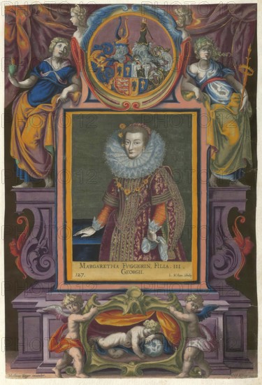 Members of the famous Augsburg-based Fugger family, Margareta Fugger, 1592 to 1652, daughter of Georg Fugger, Countess, authentic reproduction from Fuggerorum et Fuggerarum imagines, a collection of colored copper engravings created in the late 16th and early 17th century and made by Dominicus Custos, historical