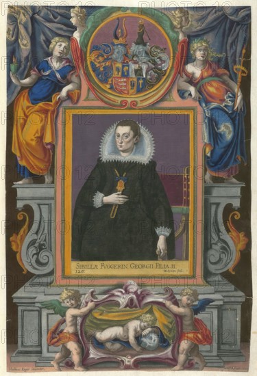 Members of the famous Augsburg Fugger family, Sibylla Fugger (1572 - 1616), daughter of Georg Fugger von der Lilie, authentic reproduction from Fuggerorum et Fuggerarum imagines, a collection of coloured engravings made in the late 16th and early 17th century by Dominicus Custos, historical