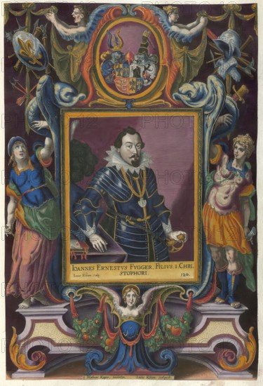 Members of the famous Augsburg Fugger family, Fugger, Johann Ernst (1590 - 1639), President of the Imperial Court, authentic reproduction from Fuggerorum et Fuggerarum imagines, a collection of coloured engravings made in the late 16th and early 17th century by Dominicus Custos, historical