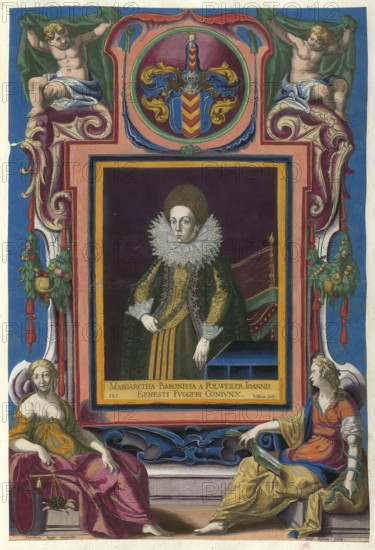 A member of the famous Augsburg Fugger family, Margaretha Polweiler was the mother of the Augsburg merchant and banker Jakob Fugger. She was the daughter of Georg Polweiler and the woman of Johannes Fugger, (1590 - 1658), authentic reproduction from Fuggerorum et Fuggerarum imagines, a collection of coloured engravings made in the late 16th and early 17th century by Dominicus Custos, historical