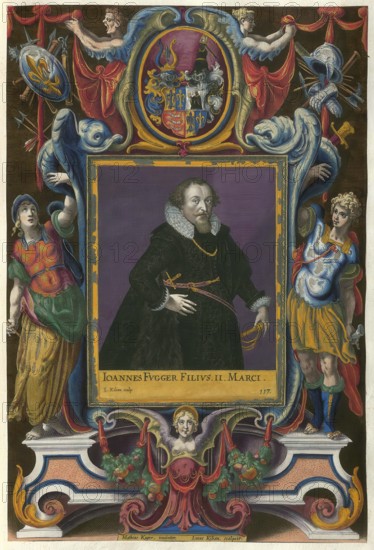 Johannes Fugger or Hans (II) Fugger or Hans Fugger the Younger (born 18 February 1591 in Speyer, died 15 April 1638) was a member of the famous Augsburg Fugger family. April 1638) was lord of Kirchheim in Swabia and Schmiechen, baron, later count, merchant, privy councillor of the city of Augsburg and head of the older Kirchheim line of the Fuggers, authentic reproduction from Fuggerorum et Fuggerarum imagines, a collection of coloured engravings created in the late 16th and early 17th century and made by Dominicus Custos, historical