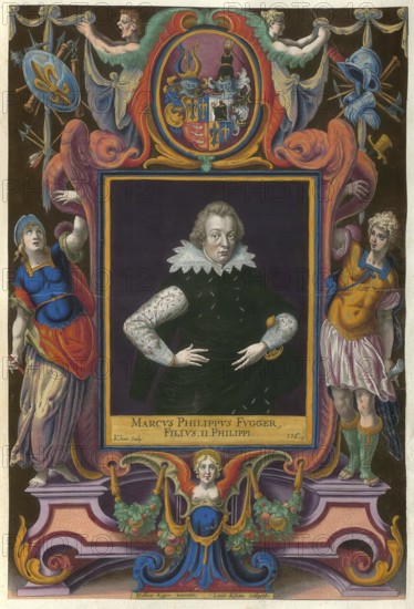 Members of the famous Augsburg Fugger family, Markus Philipp Fugger, also known as Marcus Philippus, lived from 1598 to 1620, son of Philipp Fugger (Lord of Biberbach, 1567 - 1601) and his woman Barbara Fugger (1577 - 1605), authentic reproduction from Fuggerorum et Fuggerarum imagines, a collection of coloured engravings produced in the late 16th and early 17th century by Dominicus Custos, historical