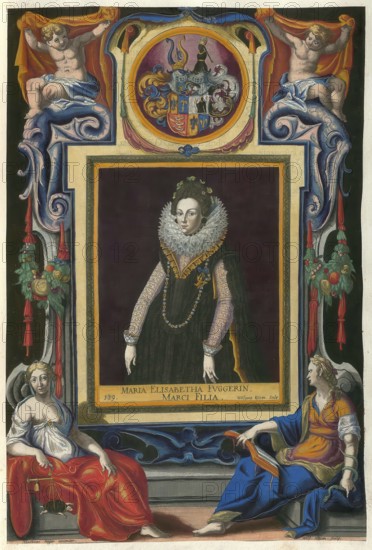 Members of the famous Augsburg Fugger family, Elisabeth Fugger (born 1570), married to Wilhelm von Oettingen-Wallerstein, daughter of Markus Fugger, authentic reproduction from Fuggerorum et Fuggerarum imagines, a collection of coloured copperplate engravings created in the late 16th and early 17th century and made by Dominicus Custos, historical
