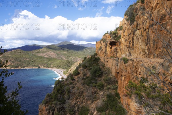 View of the Gulf of Porto and the bizarre rock erosions of the Calanche, Les Calanches de Piana, Corse-du-Sud, Corsica, France