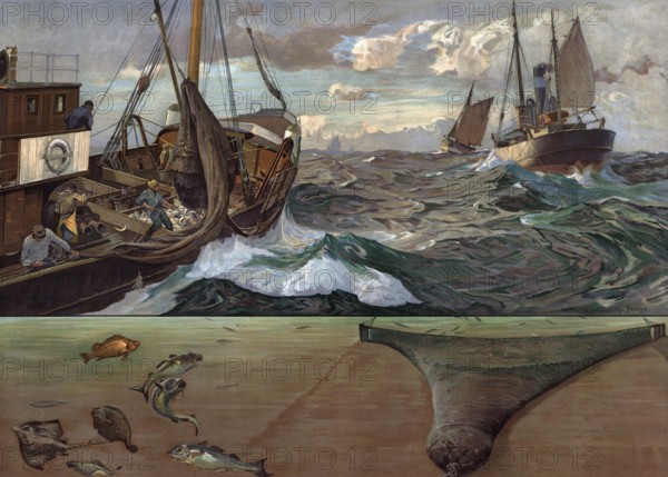 Deep-sea fishing, deep-sea fishing in 1913, fishing boats, Atlantic, authentic reproduction of a school mural, historical, exact date unknown
