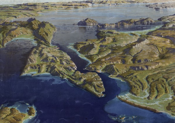 Dardanelles, Hellespont, strategically important strait in northwestern Turkey that connects the Sea of Marmara with the Aegean Sea, 1913, authentic reproduction of a school mural, historical, exact date unknown