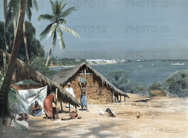Hut and natives on the beach of Dar es Salaam, 1905, important city and trading port on the Indian Ocean coast in Tanzania, authentic reproduction of a school mural, historical, exact date unknown