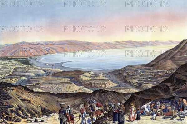 Bedouin camp, 1930, Dead Sea near Jericho, Israel, authentic reproduction of a school mural, historical, exact date unknown