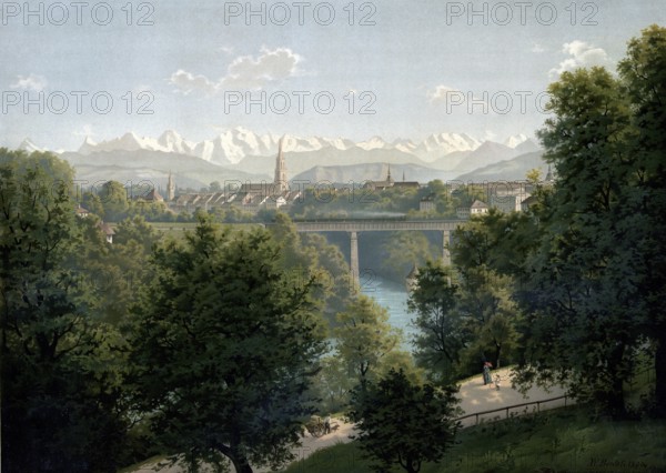 View of the city of Bern, 1890, Switzerland, authentic reproduction of a school mural, historical, exact date unknown