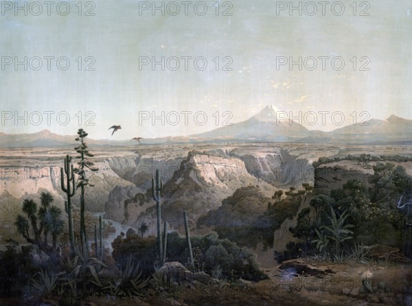 1890, landscape on the Anahuac Plateau with the Citlaltepetl, also Pico de Orizaba, with a height of 5636 m the highest volcano in North America and the highest mountain in Mexico, authentic reproduction of a school mural, historical, exact date unknown