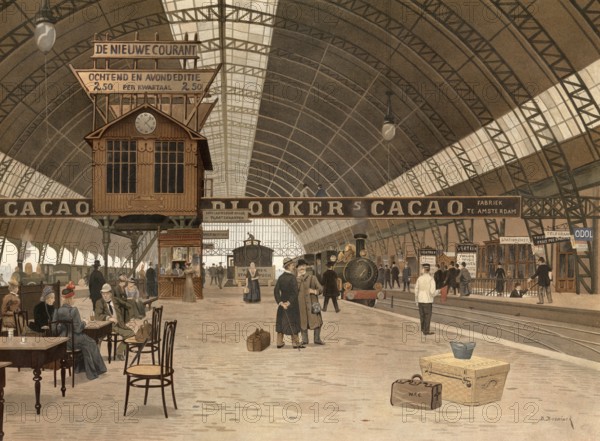 Amsterdam Central Station, 1901, Netherlands, Holland, authentic reproduction of a school mural, historical, exact date unknown