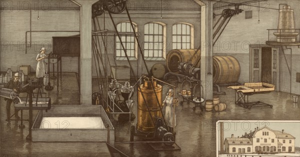 Dairy, dairy, cheese production, dairy farming around 1900, authentic reproduction of a school mural, historical, exact date unknown