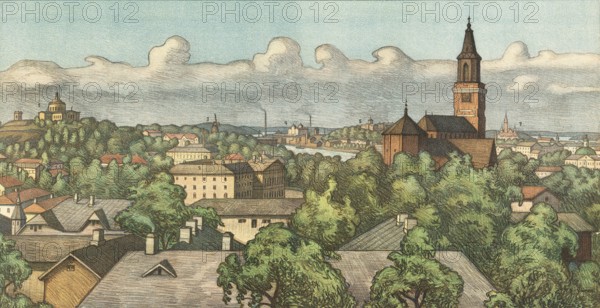 Turku is a city on the southwest coast of Finland, around 1900, authentic reproduction of a school mural, historical, exact date unknown