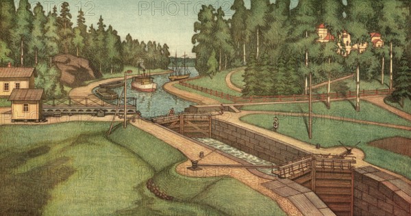 The Saimaa Canal is an artificial waterway that connects Lake Saimaa to the Gulf of Finland via Finnish and Russian territory, 1910, Finland, Russia, authentic reproduction of a school mural, historical, exact date unknown