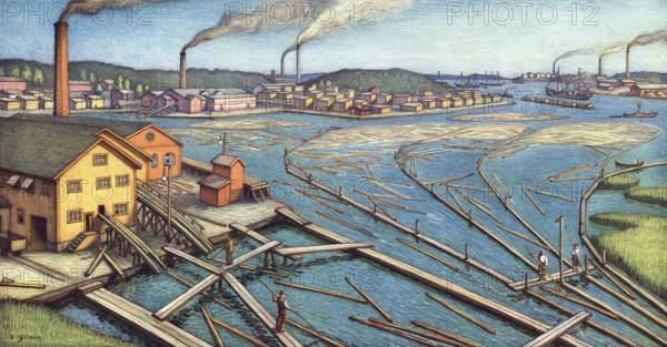 At the mouth of Kymijoki, river in southern Finland, 1900, timber industry, sawmill, logs are transported on the river, authentic reproduction of a school mural, historical, exact date unknown
