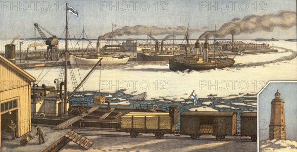 The port of Hanko, Hango, in winter, southernmost town in Finland, 1900, trade in goods, authentic reproduction of a school mural, historical, exact date unknown