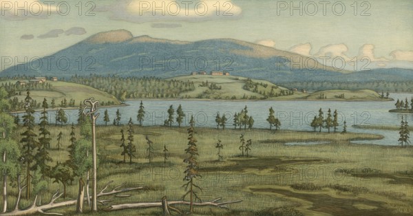 Kuusamo is a town in northeastern Finland, Kuusamo area, 1910, authentic reproduction of a school mural, historical, exact date unknown