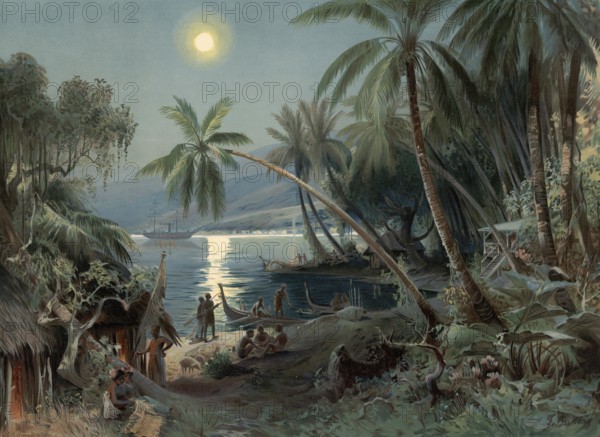 Nighttime with natives on Samoa in Polynesia, around 1905, authentic reproduction of a school mural, historical, exact date unknown