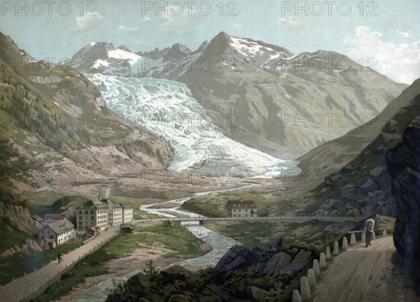 Rhone glacier, valley glacier in the headwaters of the Rhone in the extreme northeast of the canton of Valais in the central Alps of Switzerland, around 1890, authentic reproduction of a school mural, historical, exact date unknown