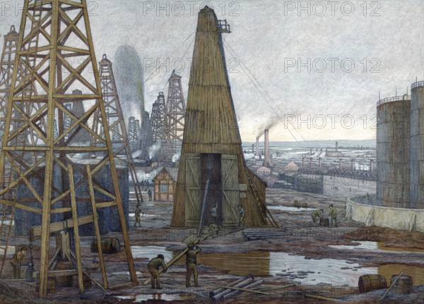 Drilling rigs for oil production in Texas around 1913, America, authentic reproduction of a school mural, historical, exact date unknown