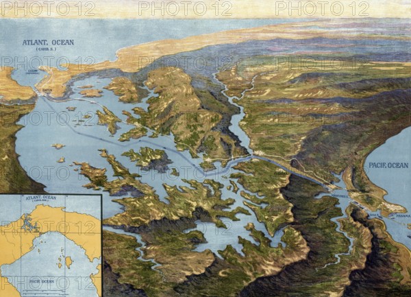 Panama Canal in 1913, map, Panama, authentic reproduction of a school mural, historical, exact date unknown