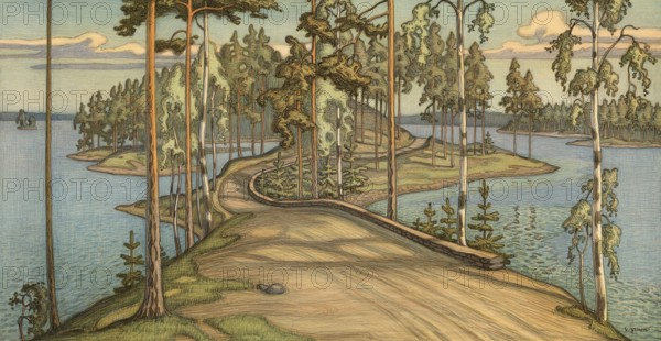 Punkaharju is an area in the Finnish countryside of South Savonia, 1910, Finland, authentic reproduction of a school mural, historical, exact date unknown