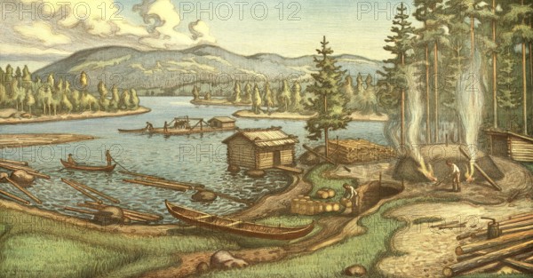 From Kainuu, Fran Qvanland, 1900, lumberjack, trading post, Finland, authentic reproduction of a school mural, historical, exact date unknown