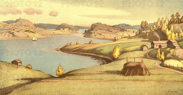 Ladoga Archipelago or Ladoga Archipelago, 1910, national park on the northwestern coast of Lake Ladoga in the Republic of Karelia, Russia, authentic reproduction of a school mural, historical, exact date unknown