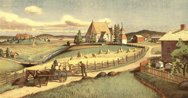 Nousiaisten Kirkonkylä, Nousiainen church village in the Varsinais-Suomi region in southwestern Finland, known for its historic stone church, 1910, authentic reproduction of a school mural, historical, exact date unknown