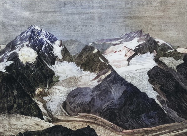 View of Dent Blanche, a largely ice-free mountain peak in the Valais Alps, in the south of the canton of Valais, Switzerland, authentic reproduction of a school wall painting, historic, around 1900