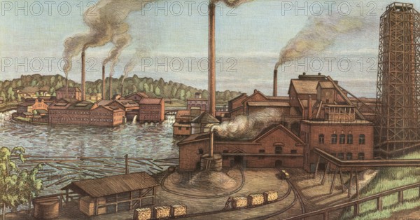 Cellulose production, paper mill around 1900, Denmark, authentic reproduction of a school mural, historical, exact date unknown