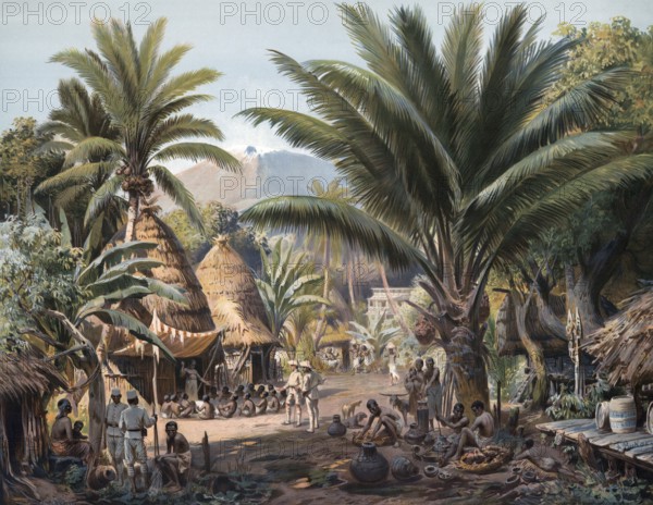Village in Cameroon, natives and German troops in one place, German colony, 1905, authentic reproduction of a school mural, historical, exact date unknown