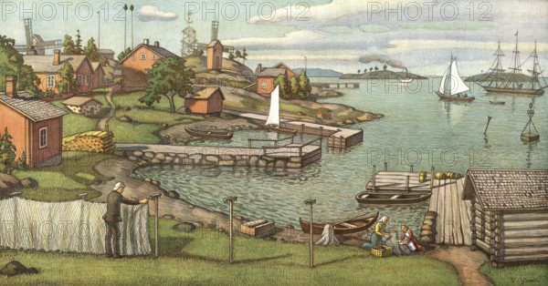 Inner archipelago of Åland, Aland, autonomous, Swedish-speaking region of Finland, 1910, Baltic Sea, authentic reproduction of a school mural, historical, exact date unknown