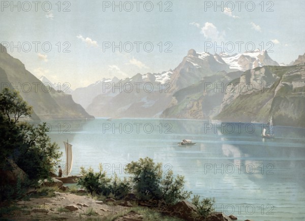 Lake Lucerne in 1890, Switzerland, authentic reproduction of a school mural, historical, exact date unknown
