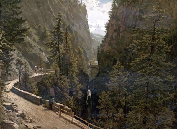 Via Mala, historically notorious section of trail, in 1890, Grisons, Switzerland, authentic reproduction of a school mural, historical, exact date unknown